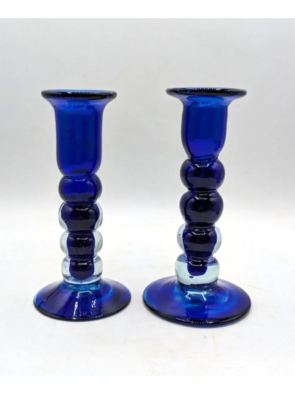 Vintage Pair Cobalt Blue Encased Blown Glass Candlestick Holders 6.5